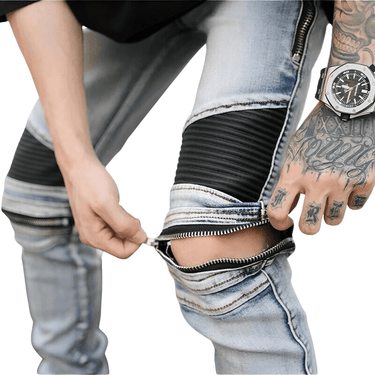 High Street PU Leather Zipper Patchwork Biker Jeans For Men -, Jeans , Drestiny , Australia, Black, Blue, Canada, Casual Pants, FR, Jeans, L, M, New Zealand, S, Skinny Jeans, United Kingdom, United States, XL, XXL , Drestiny , www.shopdrestiny.com